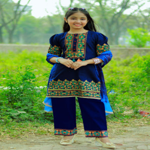 Navy Blue Jacquard Cotton Printed & Tie-dyed Salwar Kameez Set for Girl